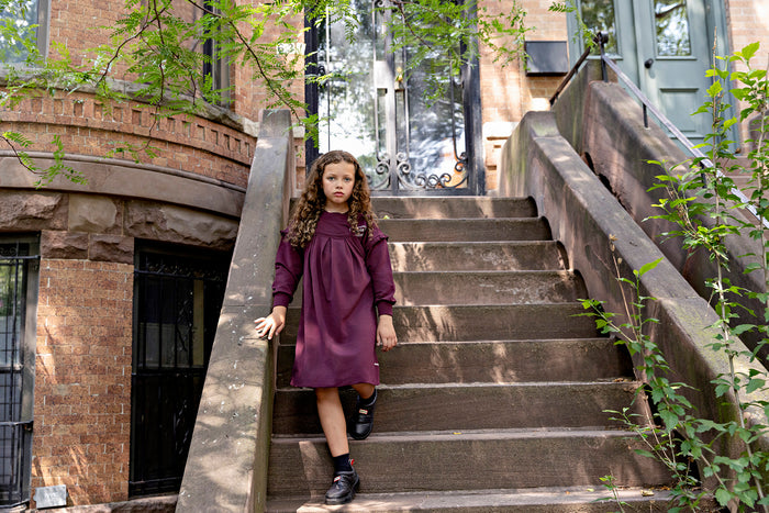 Rooie and Friends girls mauve pinafore dress with thin straps and front pleats