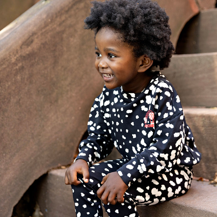 Toddler boy wearing a Rooie and Friends Dalmatian sweatshirt set on brownstone steps