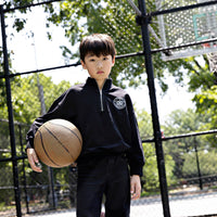 Rooie and Friends boys black half-zip sweatshirt with silver zipper and robot chest badge