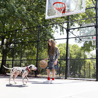 Girl wearing a Rooie and Friends Dalmatian ruffle dress at a basketball court