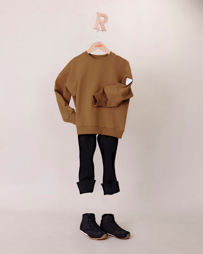 Rooie and Friends boys caramel brown sweatshirt with signature sleeve patch