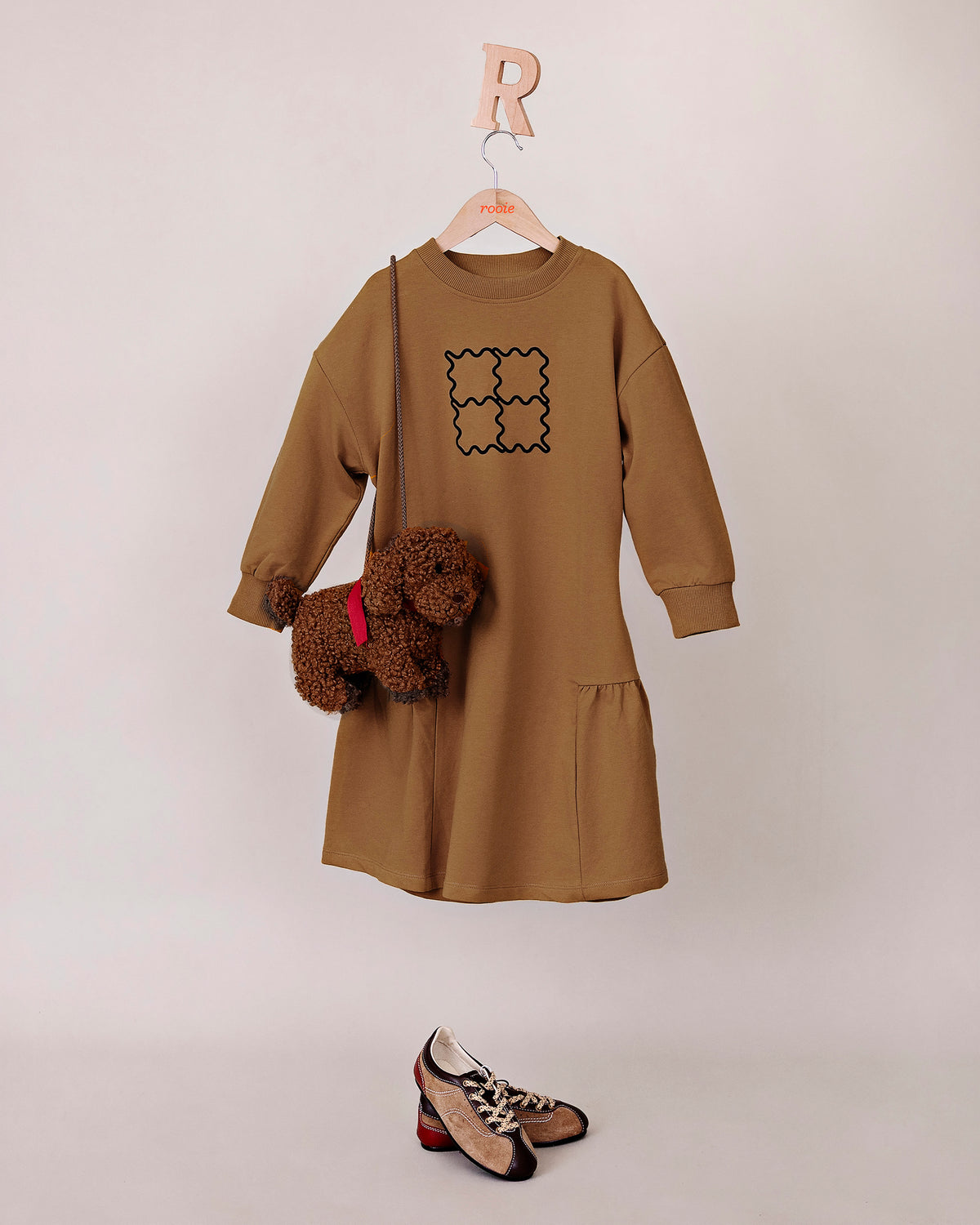 Rooie and Friends girls caramel brown ruffle dress with black graphic