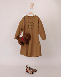 Rooie and Friends girls caramel brown ruffle dress with black graphic