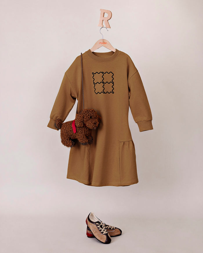 Rooie and Friends girls caramel brown ruffle dress with black graphic