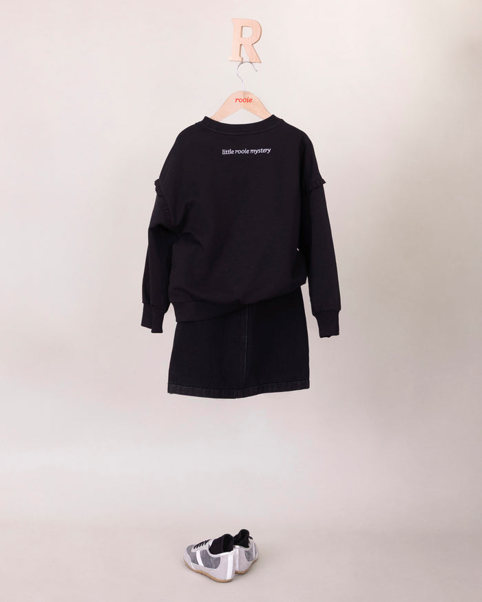 Rooie and Friends girls black logo sweatshirt with ruffle-trimmed shoulders