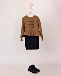 Rooie and Friends girls caramel brown ruffle sweatshirt with black graphic
