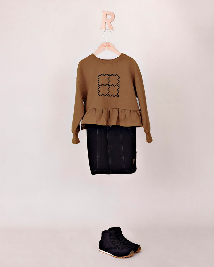 Rooie and Friends girls caramel brown ruffle sweatshirt with black graphic